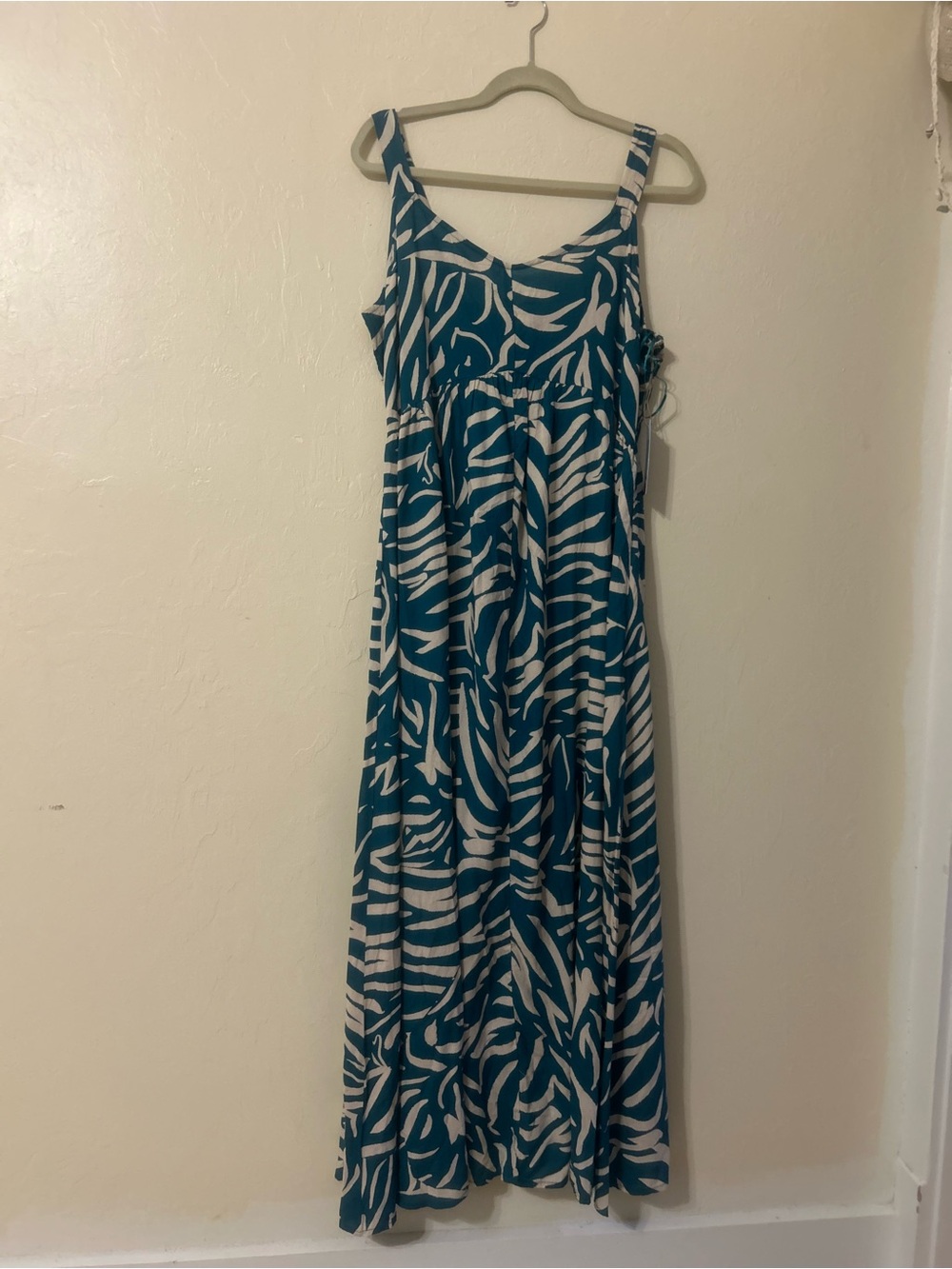 Teal and White Printed Maxi Dress with Adjustable Straps
